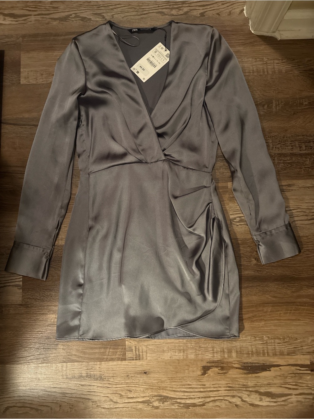 Zara Silver-Gray Satin Wrap Long-Sleeve Mini Dress